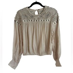 Free People Cream Embroidered Blouse